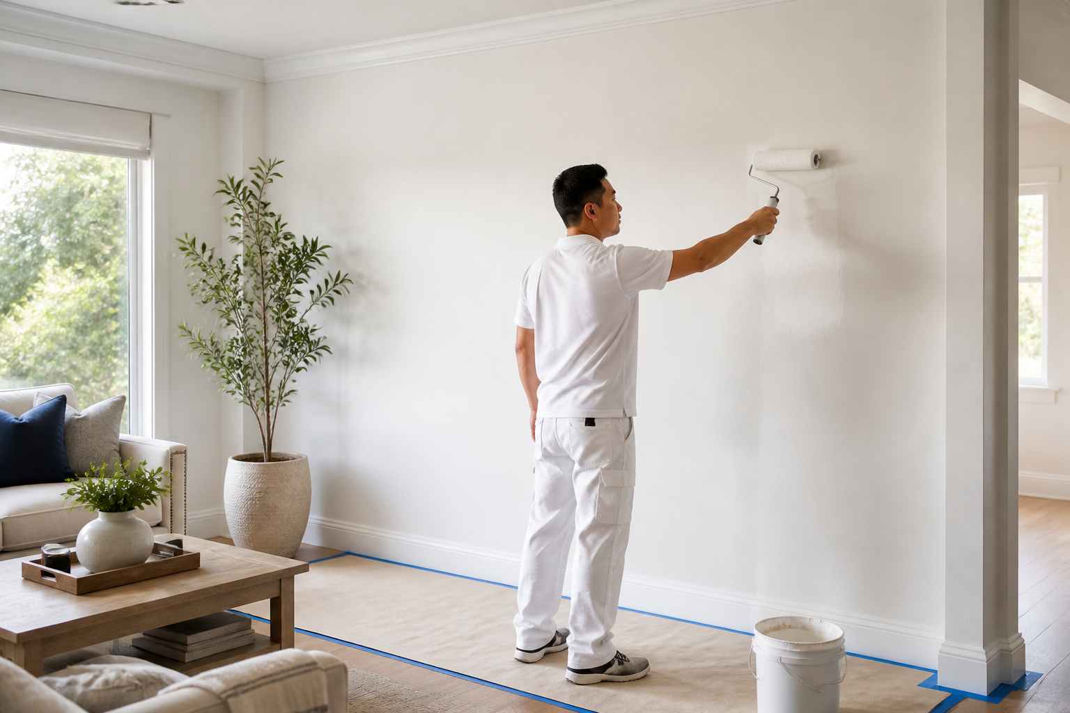 Professional painter applying a fresh white finish in a bright living room