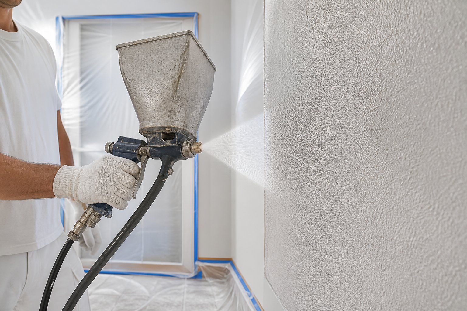 Professional contractor applying orange-peel texture to an interior wall